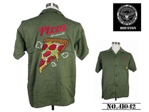 【送料無料 35%OFF】HOUSTON ヒューストン 刺繍ボウリングシャツ (ボーリングシャツ) 「PIZZA」柄 NO.41042 OLIVE DRAB_Mサイズ