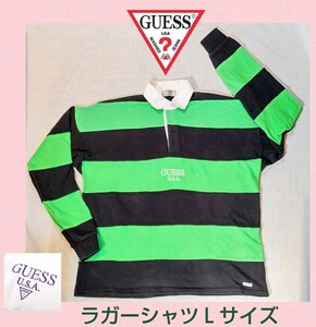 美品★GUESS★ゲス★ラガーシャツ★ブラック×グリーン★ボーダーシャツ★ストリートファッション★可愛い★冬物★ラグビー★送料無料