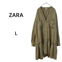 【ZARA ザラ】L シャツワンピース カジュアル　大人　ゆったり　オリーブ