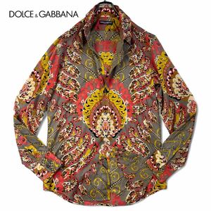 希少柄/L相当●ドルチェ&ガッバーナ 長袖シャツ コットン DOLCE&GABBANA 総柄 マヨリカ風 ラグジュアリー デザインシャツ 高級感 40サイズ