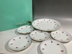 【2A25】進物品 森英恵 パーティーセット ケーキセット 6皿 DINNERWARE HANAE MORI 大皿小皿 金縁蝶々水玉模様文 未使用 箱付 洋食器