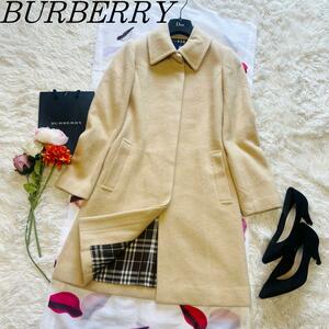 【美品】BURBERRY BLUE LABEL ロングコート アンゴラ 36 バーバリーブルーレーベル S ベージュ ステンカラーコート 襟