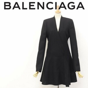◆BALENCIAGA/バレンシアガ ウール カシュクール カットワーク フレア ノーカラー コート ブラック 38