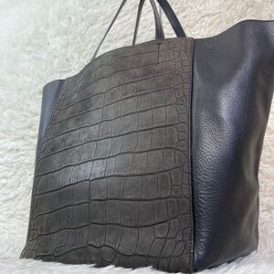 1円【美品・希少モデル】CELINE セリーヌ トートバッグ 肩掛け カバ ファントム クロコ 型押し 本革 フィービー期 ブラック 黒 A4/PC◎