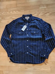 新作　送料込★SAMURAI JEANS サムライジーンズ　SSS-SHR01 手裏剣柄　長袖ワークシャツ　8ozINDIGO ×BLACK 日本製　濃いインディゴ　XXL