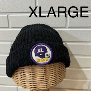 XLARGE エクストララージ ニット帽 キャップ 帽子 ビーニー ワッチ ワッペンロゴ アクリル オールシーズン ブラック 玉mc2716