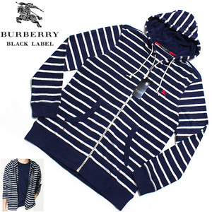 新品！3(L) バーバリーブラックレーベル ホース刺繍×マリンボーダー パイル地 メンズ フード ジップ パーカー紺白■BURBERRY BLACK LABEL