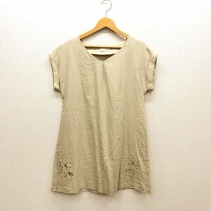 【た067】Te chichi 刺繍リネンワンピース Mサイズ ベージュ フレンチスリーブ 膝上丈 無地 薄地 麻×レーヨン ブランド古着 送料無料