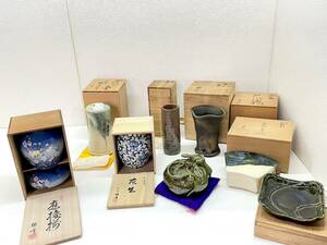 245-44　備前焼 他 花瓶 置き物 壺 皿 木箱入り まとめ