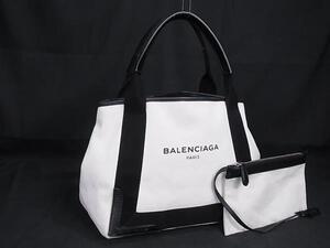 1円 ■美品■ BALENCIAGA バレンシアガ 339933 ネイビーカバスS キャンバス×レザー ポーチ付き ハンドバッグ トート アイボリー系 FH4697