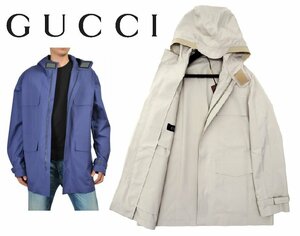 45万新品◆52=XL◆GUCCIグッチ コーティングフーディ防水コート グレーベージュ灰茶 1円