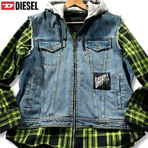 極美品/XL相当●ディーゼルDIESEL ドッキング 羊革切替 デニムジャケット ジージャン パーカー シャツ パッチワーク バッグプリント レザー