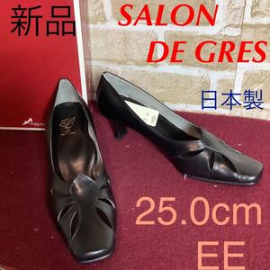 【売り切り!送料無料!】A-217 SALON DE GRES!パンプス!ブラック!黒色!25.0cm EE!おしゃれ!日本製!天然皮革!新品!