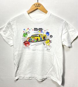 ■ 子供用 90s 90年代 ビンテージ USA製 M＆M レーシング イラスト シングルステッチ Tシャツ サイズM 白 アメカジ チョコレート 企業系 ■