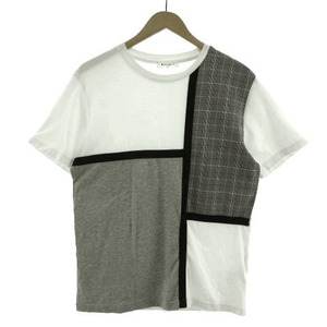 ザショップティーケー THE SHOP TK Tシャツ 丸首 半袖 切替え グレンチェック ホワイト 白 ブラック 黒 グレー L メンズ