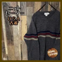 メンズ ニット グレー ライン 無地 L USA古着 90s 長袖 セーター