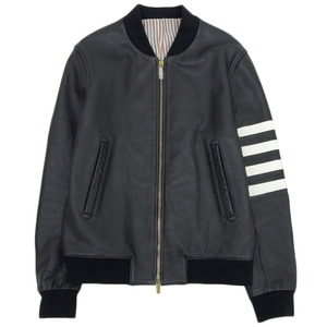 美品 トムブラウン MJU103A00339 4Bar Leather Jacket ぺブルグレインレザー ダブルジップ ボンバー ジャケット 2 黒 メンズ 定価385200円