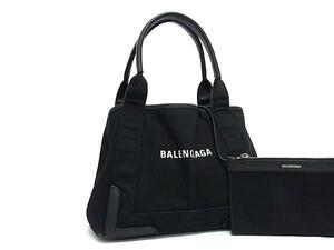 1円 BALENCIAGA バレンシアガ 339933 ネイビーカバス キャンバス×レザー ポーチ付き トート ハンドバッグ ブラック系 BI6207