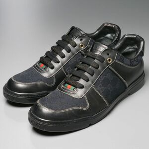 SGQ0910//イタリア製*グッチ/GUCCI*メンズ7.5G/レザー×GG柄キャンバス/スニーカー/ローカット/靴/黒/ブラック/162961