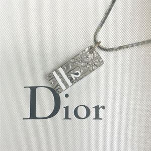 美品!! クリスチャン ディオール Christian Dior ネックレス ペンダント トロッター プレート Dior ロゴ シルバー ホワイト アクセサリー