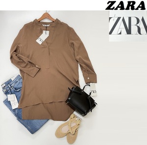 未使用品 /M/ ZARA ブラウン スリット 長袖ブラウス レディース タグ カジュアル トップス 通勤 定番 フェミニン 大人可愛い デイリー ザラ