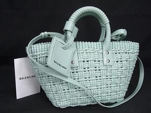 1円 ■美品■ BALENCIAGA バレンシアガ 671342 ビストロ XS パテントレザー 2WAY ハンドバッグ トート ショルダー ライトブルー系 FJ2730