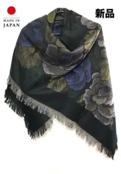 新品大判ショール花柄ストールマフラーscarfフリンジブラックブルーグレーカーキ