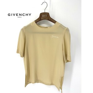 A6089/美品 春夏 薄手 GIVENCHY ジバンシー シルク100% ロゴ刺繍 クルーネック 半袖 カットソー Tシャツ ブラウス 8 ベージュ/レディース