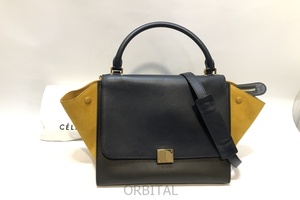 経堂) セリーヌ CELINE トラペーズ ミディアム レザー 2WAY ショルダーバッグ ネイビー ブラック イエロー ゴールド金具