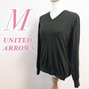 UNITED ARROWS ダークグリーン Vネックニット Mサイズ 毛100%