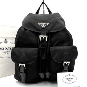 《美品》PRADA プラダ 三角ロゴ Wポケット ナイロン レザー リュック デイパック ブラック