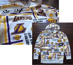 【既決USA】NBA★Los Angeles Lakersロサンゼルス・レイカーズ@完売【LA LAKERS】ロゴ入パーカ【NBA LAKERS All-Over Logo Hoodie】白@@XS