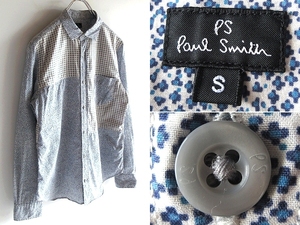 ネコポス対応 PS Paul Smith ポールスミス ロゴ釦 小花柄/フラワー柄 チェック 切替 パッチワーク シャツ S ブルー ベージュ 日本製