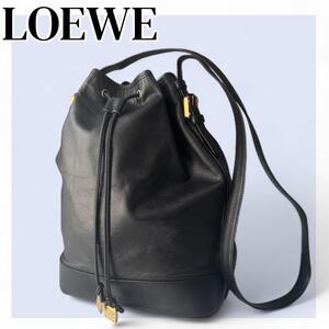 希少 ロエベ 巾着 バケツ ショルダーバッグ ヴィンテージ アナグラム 黒　LOEWE ブラック　ゴールド金具　ワンショルダー　レザー 本革