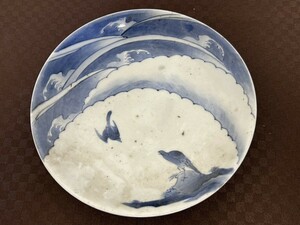 A3　古美術品　骨董品　古伊万里焼　染付　鳥　風景図　角福銘　皿　工芸品　直径約18.5㎝　現状品