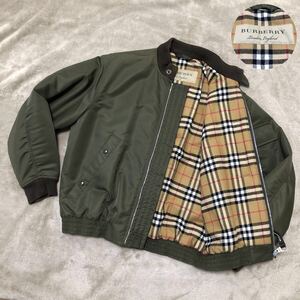 高級★BURBERRY London England バーバリーロンドンイングランド ミリタリーブルゾン 裏地ノバチェック 50 カーキ オリーブ MA-1 ボンバー