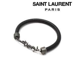 8万新品◆S◆SAINT LAURENT【サンローラン】テクスチャードレザー シルバースタッドＹＳＬロゴ コードブレスレット 男女兼用 黒 1円