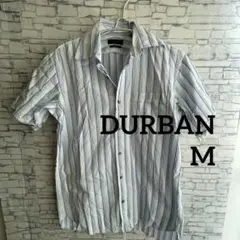 美品 DURBANストライプ 水色 半袖 胸ポケット 綿100%