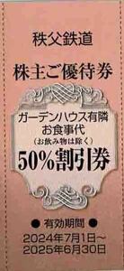 即決！秩父鉄道　株主優待券　ガーデンハウス有隣　食事代（飲み物は除く）50％割引券　１～５枚