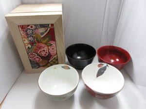 ☆和食器 花かいろう 碗椀揃 （ちりめん木箱） 夫婦茶碗/ペア/2種×2客/茶碗/汁椀/陶磁器/漆器/花柄/和食/食器 未使用 保管品☆