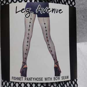 LEG AVENUE 9135BK サテンリボン・バックシーム・フィッシュネット・パンティストッキング　O/S　サテンリボンの並んだ網タイツ　黒