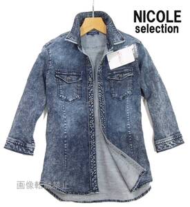 新品 ▲ ニコル 七分袖 ストレッチ デニム シャツジャケット　48/L　ウォッシュネイビー デニムシャツNICOLE selection