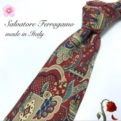 【美品】Salvatore Ferragamo ネクタイ 総柄 レッド ベージュ