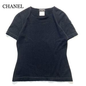 【美品】CHANEL ニット 半袖 ブラック カシミヤ100% 型押しロゴ 38