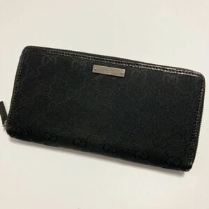 ★GUCCI グッチ GG柄 キャンバス ラウンドファスナー ジップ 長財布 黒 中古【鑑定済み 本物保証】