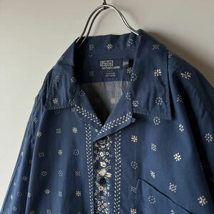 【1円スタート】POLO ポロ ラルフローレン 総柄 半袖シャツ XXL 総柄 小紋 ネイビー 紺 コットン アロハ CLAYTON caldwell オープンカラー