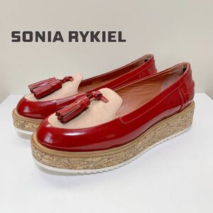 ☆極美品 ソニアリキエル SONIA RYKIEL プラットフォーム コルクソール タッセル レザー ローファー シューズ 赤 size 37 ポルトガル製