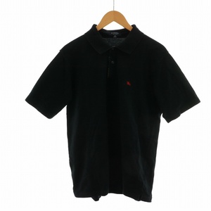 バーバリー ロンドン BURBERRY LONDON ポロシャツ カットソー 半袖 ロゴ 刺繍 ハーフボタン ステンカラー M 黒 ブラック