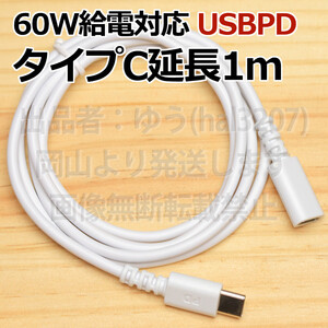 ◎送料無料◎ タイプC延長ケーブル1m 白 USBケーブル 延長用USB PD対応 コードの長さが足りない時 延長１ｍ １メートル ノートパソコン対応