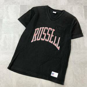 RUSSEL ATHLETIC ラッセル　VネックプリンTシャツ　半袖シャツ　半袖カットソー　コットンシャツ　ブラック　黒　サイズL 古着